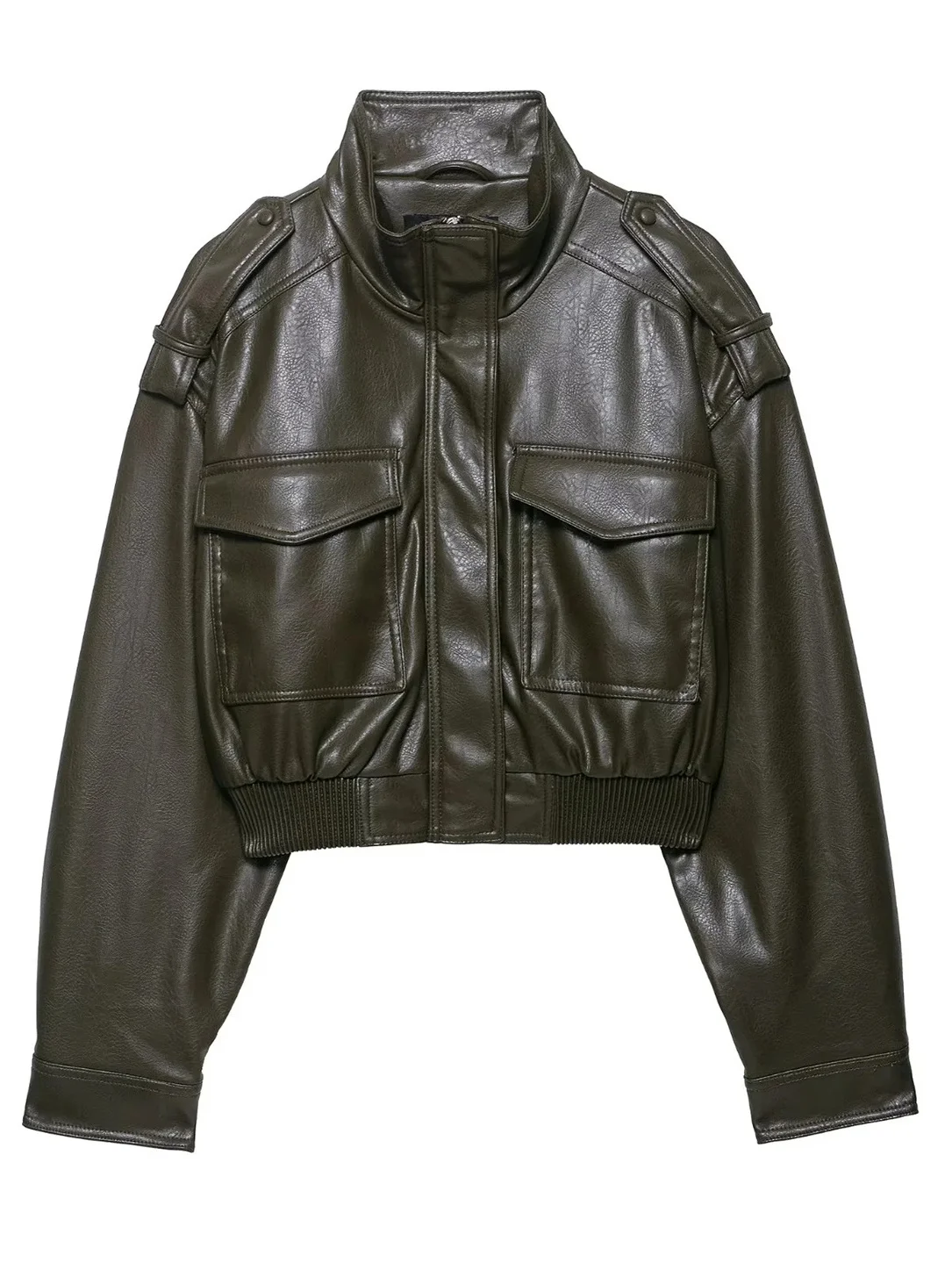 Faionable Pelle sintetica lucida ort Jaet Cappotto da donna di fascia alta con colletto alla coreana lungo Sve con cerniera per pendolari