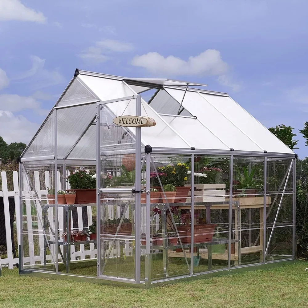 Greenhouse for Outdoor 6x8 FT, Outdoor 2 Vent Window with Lockable Hinged Door Walk-in Hobby Greenhouse, Garden Backyard Silver