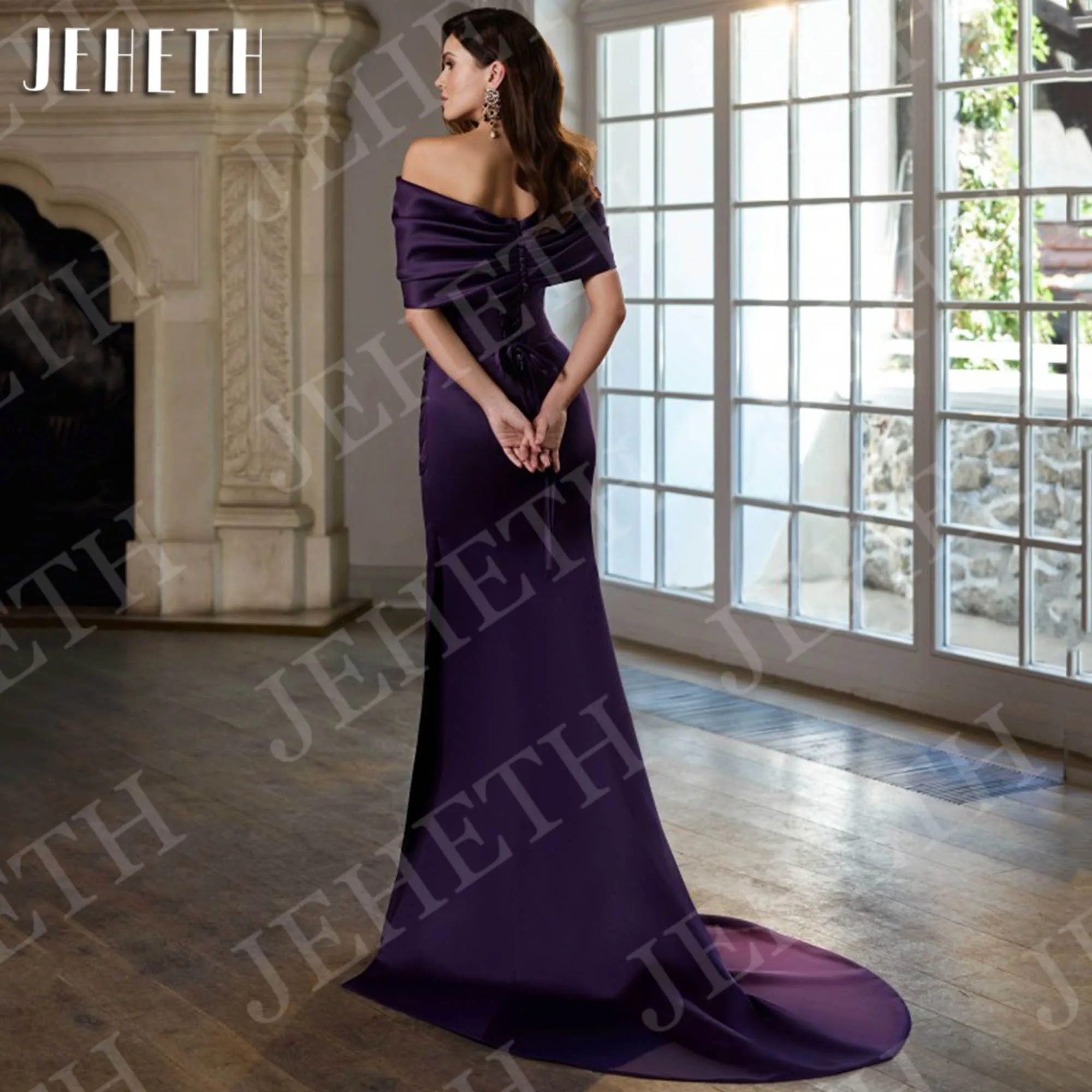 JEHETH Abito da sera elegante Sirena Sexy con spalle scoperte Abiti da ballo principessa con spacco in raso Treno staccabile personalizzato Elegante abito da sera sirena sexy fuori spalla principessa abiti da ballo ras