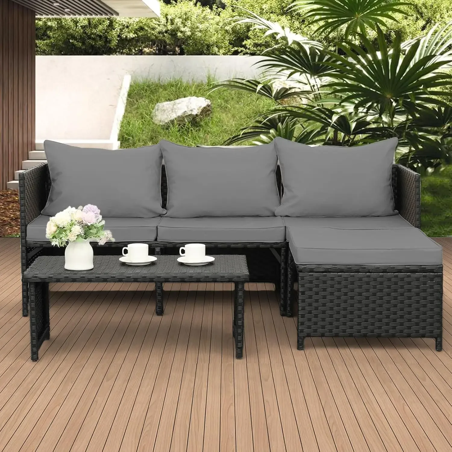 Valita 3-Piece Outdoor PE Rattan Furniture Set Patio Black Wicker Conversation Loveseat Sofa Sectional Couch Gray Cushion