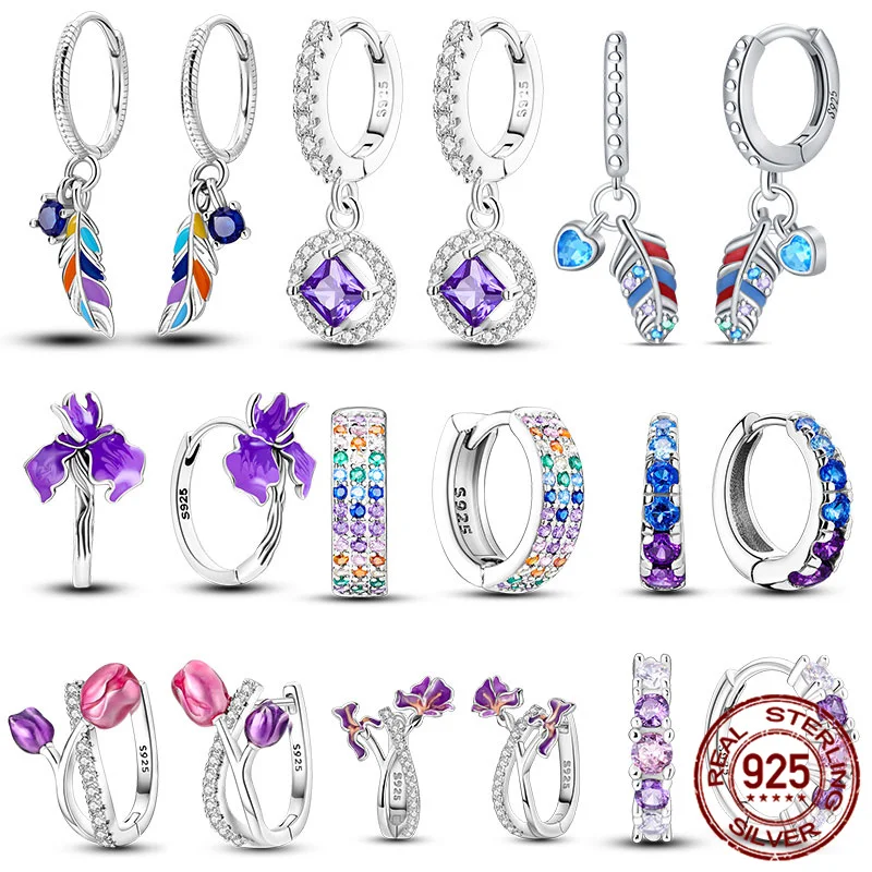 Hot Sale 100% 925 Silver Bohemian Colorful Feather Iris Women Earrings Suitable For Party Anniversary Gift