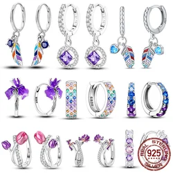 Hot Sale 100% 925 Silver Bohemian Colorful Feather Iris Women Earrings Suitable For Party Anniversary Gift