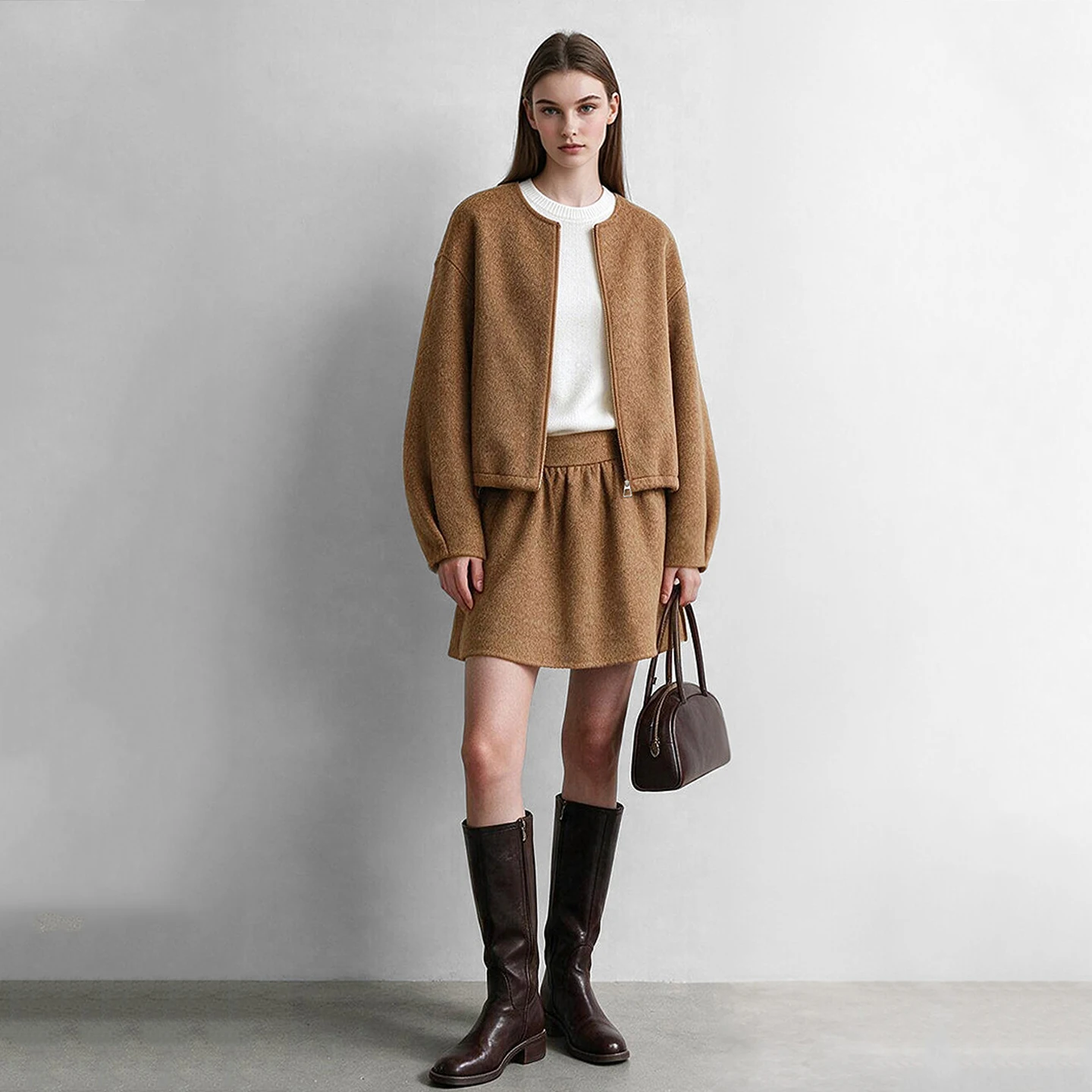 Amii Women's Double-Faced Wool Jacket Crew Neck Casual Commuter Winter Coats 2026 Women's A-Line Skirt Sold Separately 12624096