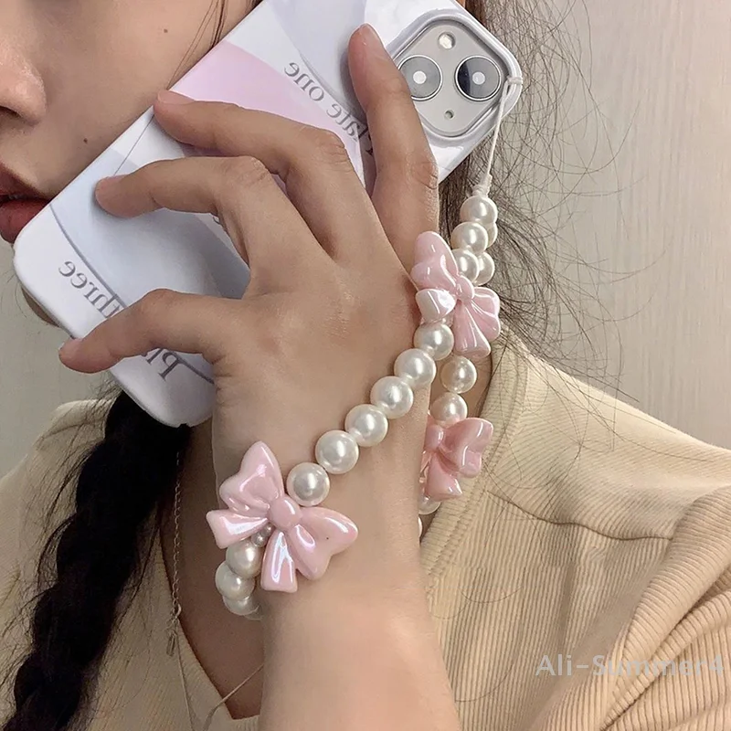 Różowy Łańcuszek do Telefonu z Kokardką z Perłami, Bransoletka Zapobiegająca Zgubieniu do Obudowy Telefonu, Pasek na Nadgarstek, Smycz CCD, Brelok do Telefonu, Przenośny Łańcuszek