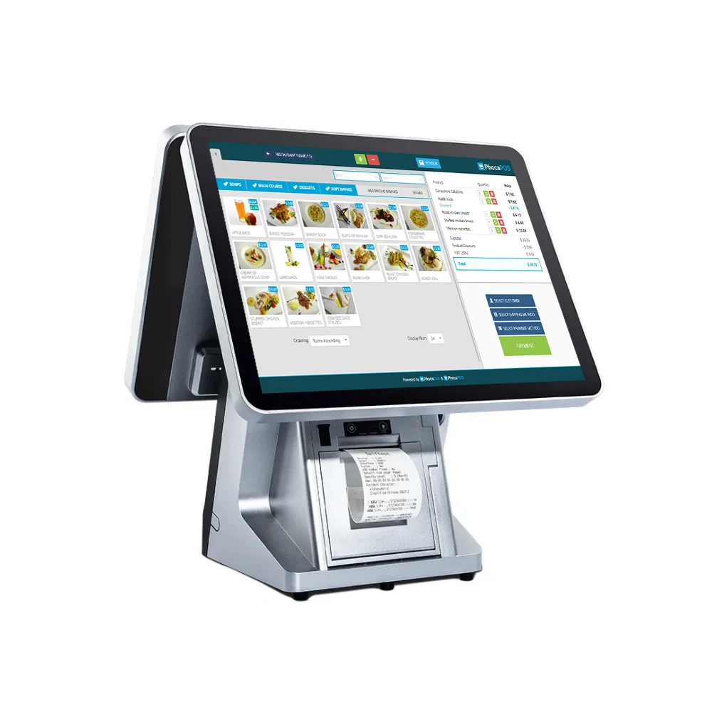 Двухэкранный сенсорный POS-терминал 15,6 дюймов со встроенным 80-мм принтером, системой Android/Win11, AIO-терминал для розничных точек продаж