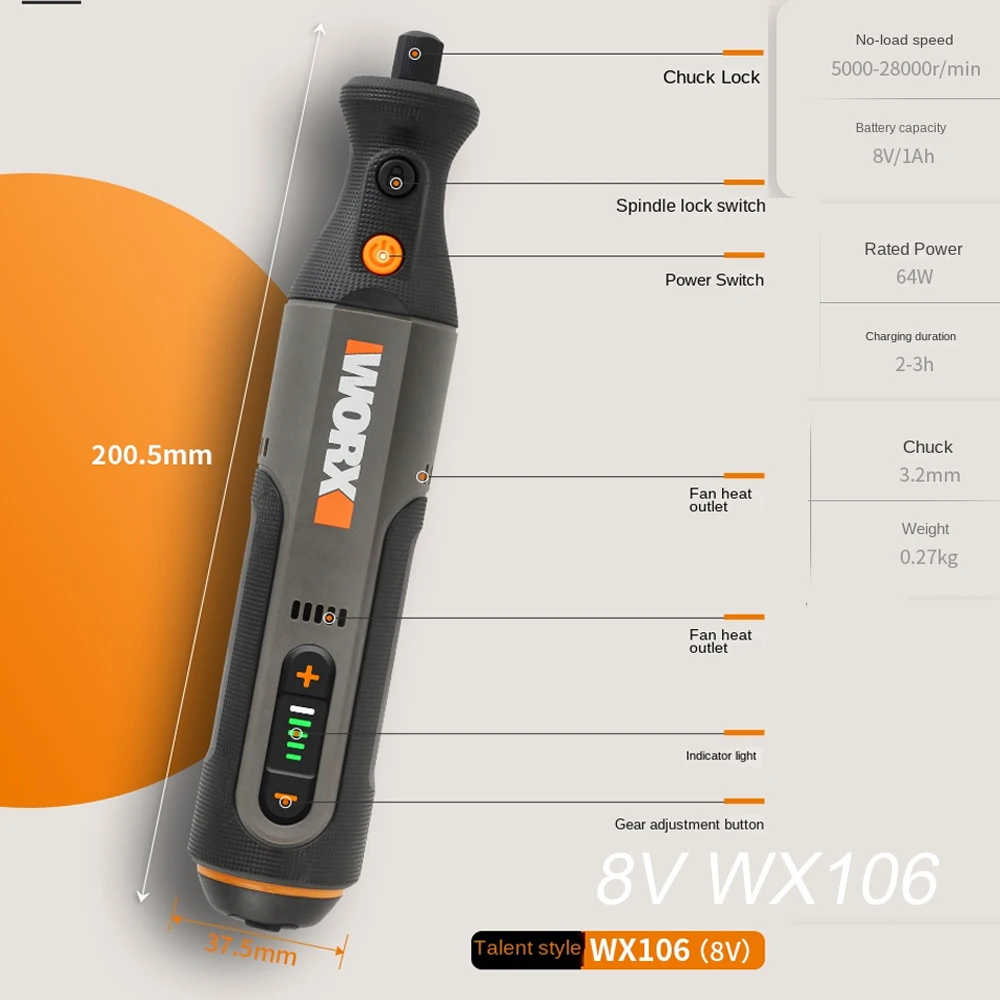 Worx 8V Alat Putar WX106 Bor Mini Tanpa Kabel Mesin Pemoles Pengukir Pengisi Daya USB Set Peralatan Listrik Kecepatan Variabel