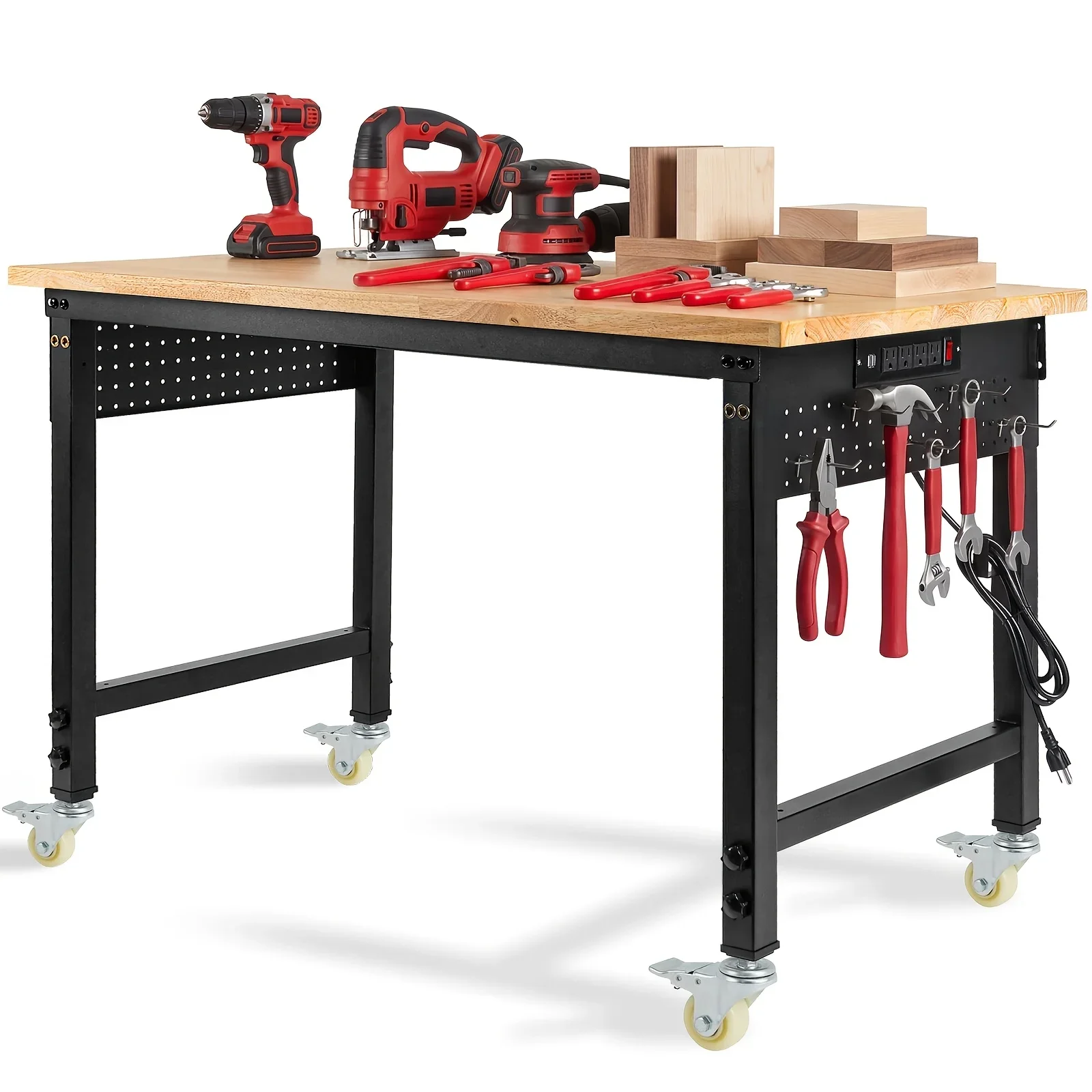 DDHOME Adjustable Workbench Measuring 48 Inches Long by 24 Inches Wide, Featuring Wheels And a Height Range of 28 to 40 Inches. This Heavy-Duty Table Can Support Up to 2000 Pounds And Includes a Power Outlet And Pegboard