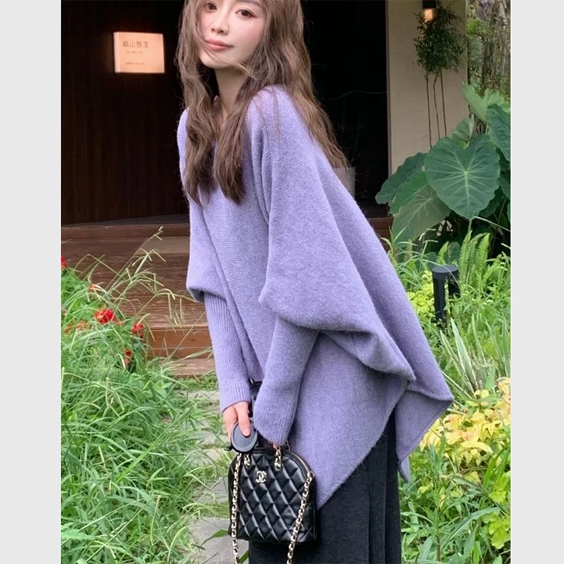 

Purple Knitted Cowl Ne Sweater Women's Loose Batwing Sve Aosphere Top Commute Sle Autumn Winter New Arrival