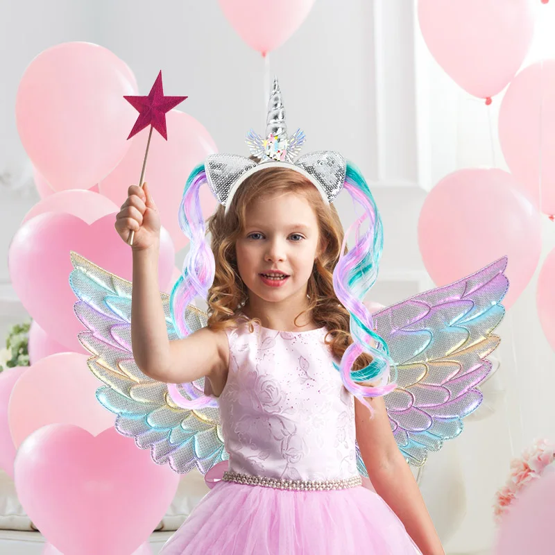 Unicorn Headband Fairy Angel Wings Unicorn Cosplay Props Wings Hairband For Kids Unicorn Theme Birthday Party Costume Decoration