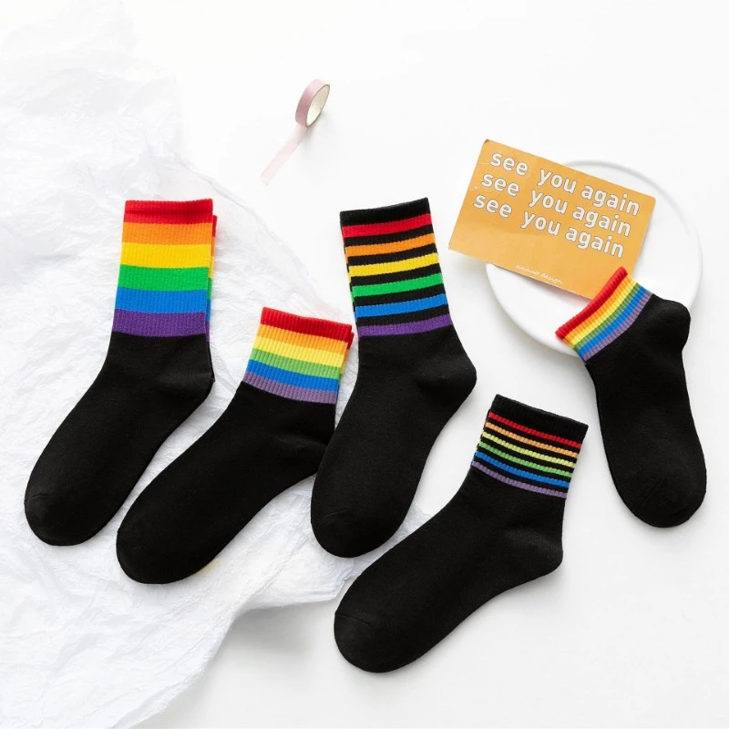 【9 Pairs】High Tube Medium Short Socks Rainbow Street Outside Wear Japanese Internet Celebrities Black and White Sports