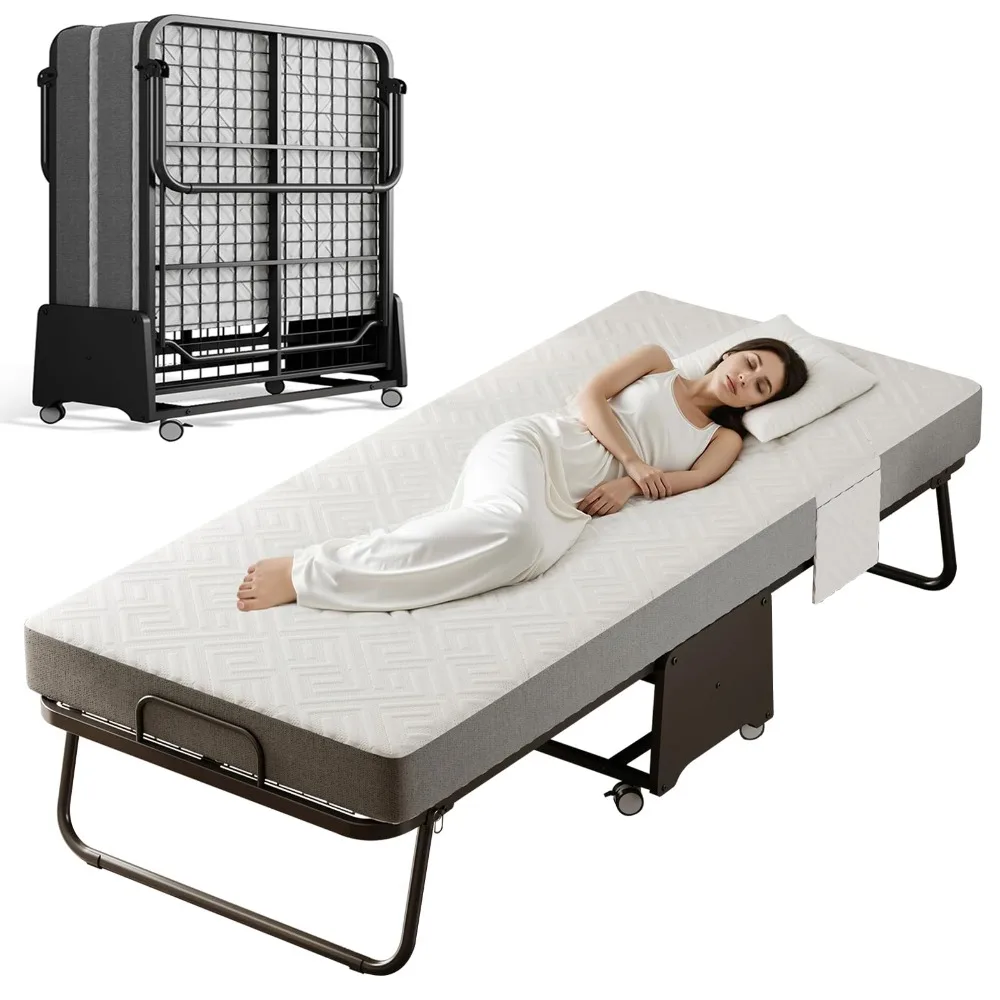 Deluxe Folding Bed with Mattress with 5-inch Memory Foam Mattress on Rollers for Easy Storage with Metal Frame and Bed