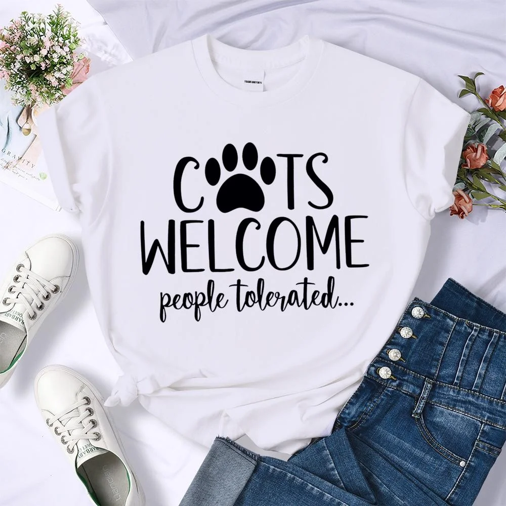 Cats Welcome People Tolerated Funny Letter T-shirt Women's Casual Personalized Comfortable Round Neck Short Sleeve T-Shirt Top