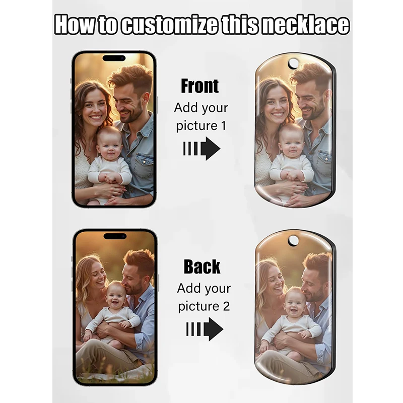 Custom Picture Text Necklace Personalized Double-sided Photo Necklace Memorial Father's Day Gifts for Dad Mom Boyfriend Family