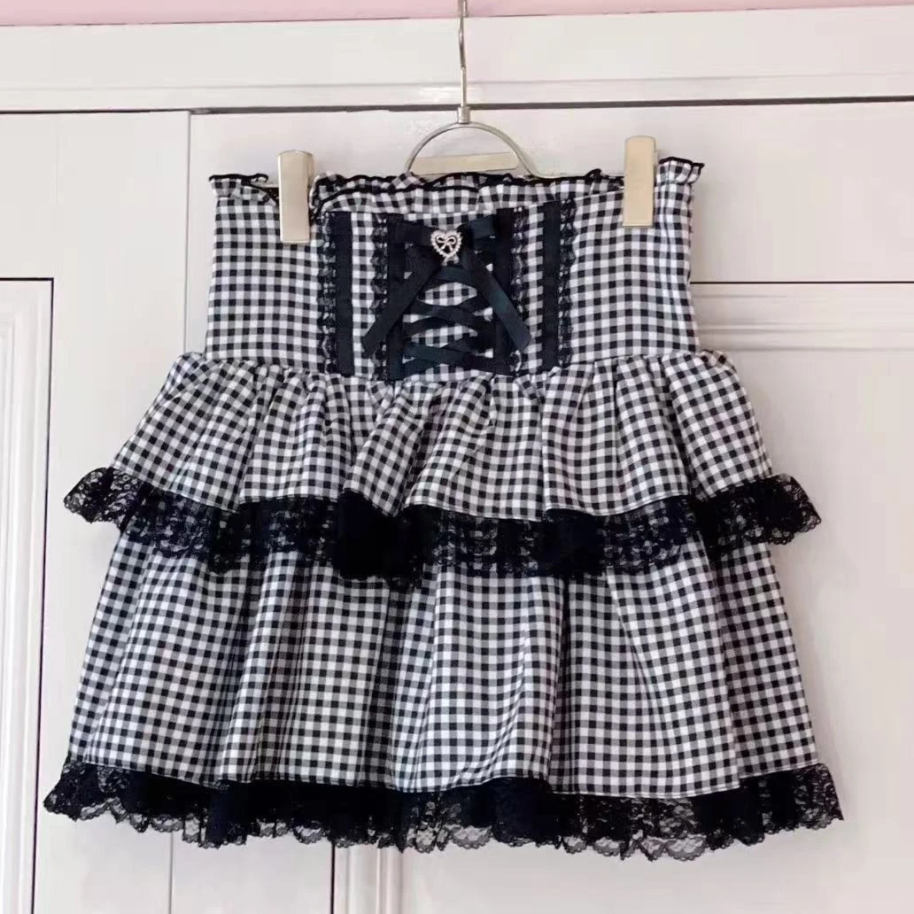 

Kawaii Bow Mini Cake Skirts Women Fairy Bandage Lolita High Waist Y2k Aesthetic Sweet Lace Gothic JK Japanese 2025 New Female