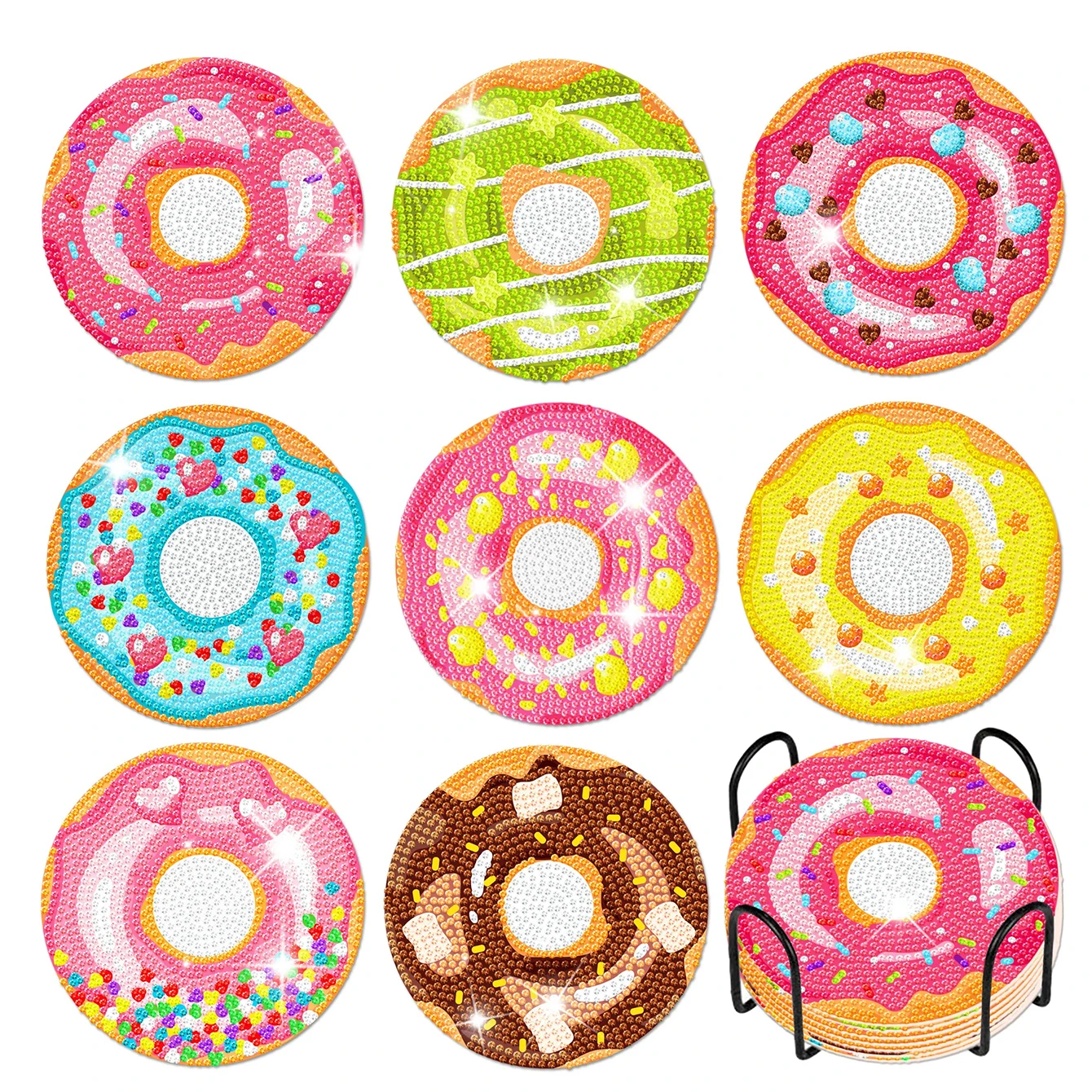 8 pieces/set of donut diamond painting coaster set, DIY coaster with holder for beginners and adults, diamond craft gift