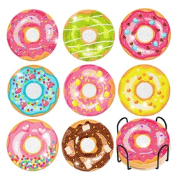8 pieces/set of donut diamond painting coaster set, DIY coaster with holder for beginners and adults, diamond craft gift
