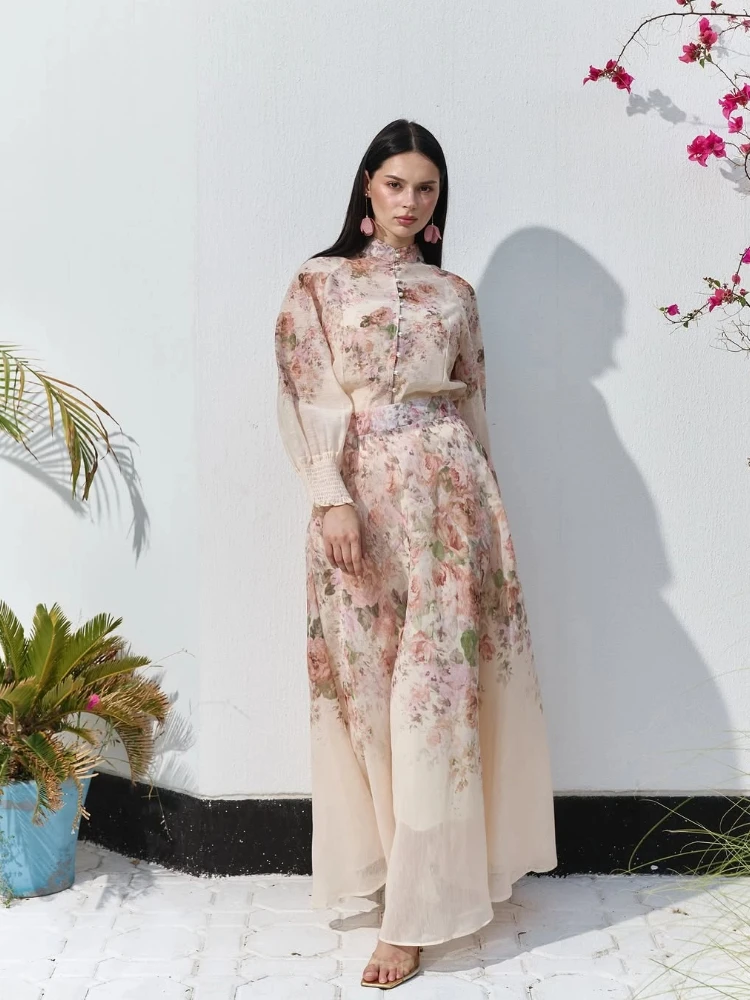 

Retro Printed Shirt High Waist Skirt Set Women Elegant Single Breasted Shirts Long Skirts Sets Lady 2025 Chic Street Beach Party