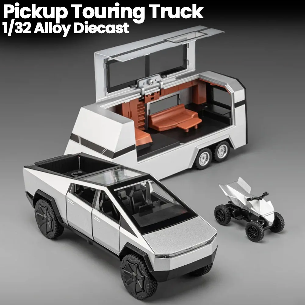 

Alloy Truck Model 1/32 Diecast Pickup Touring Trucsk Mini Sliding Motor Sound Light Moveble Trailer Car Toys for Boys Kids Gift