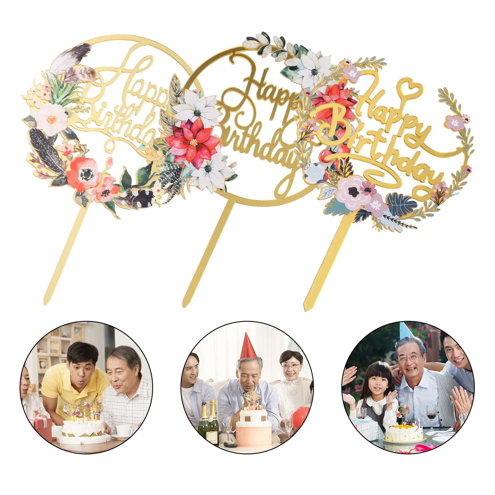 

3Pcs Acrylic Flower Cake Toppers Creative Garland Birthday Party Dessert Picks Elegant Cake Decoration Photo Props