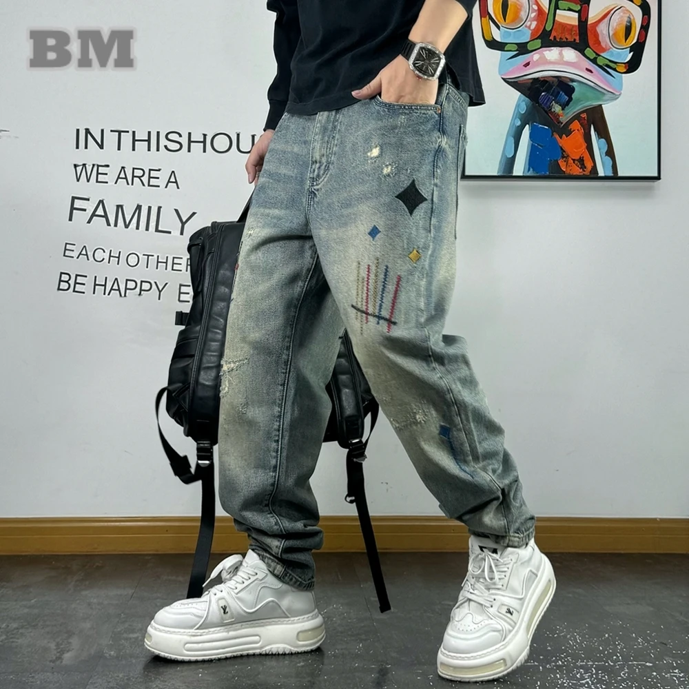 

High Quality Streetwear Ragged Patch Embroidery Ripped Jeans For Men Fashion Men Clothing Distressed Denim Pants Male Trousers
