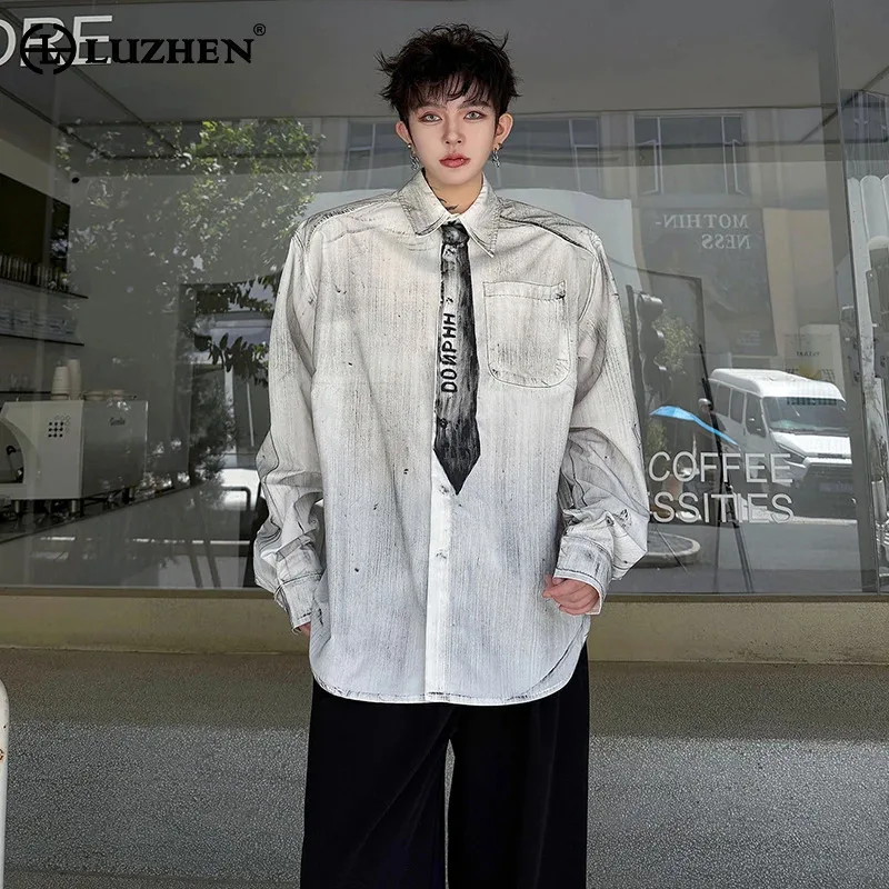 LUZHEN 2026 Autumn Wornout Tie-dyed Necktie Pattern Printed Long Sleeve Shirts Men's Fashion Luxury Elegant Casual Tops JY8708