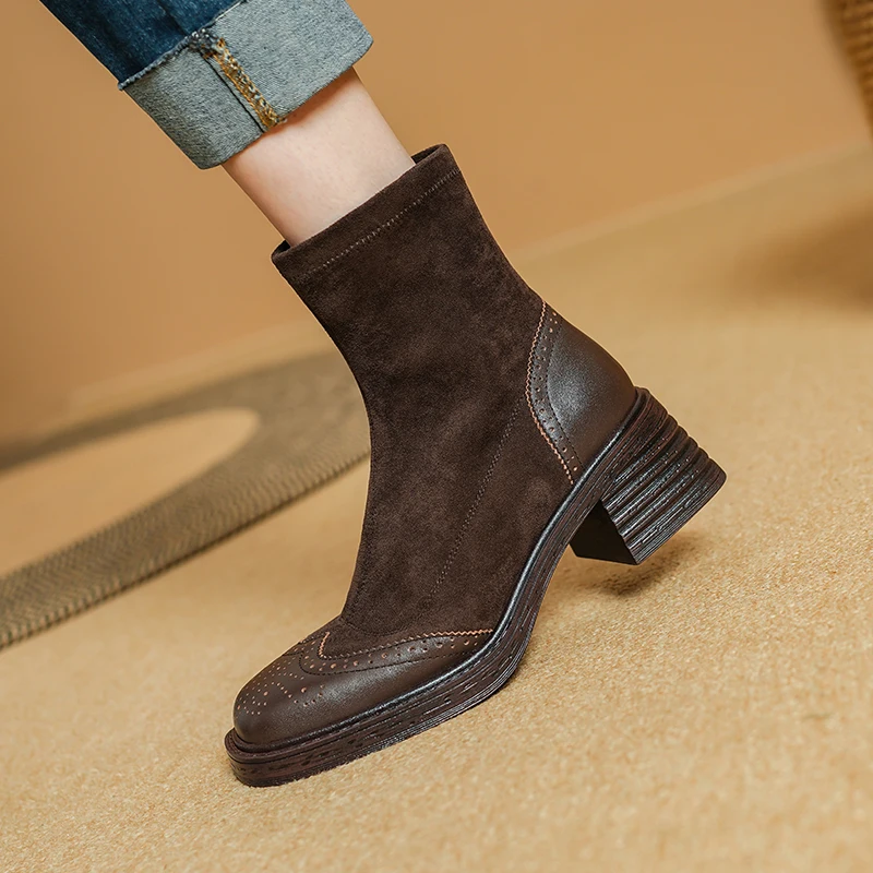 2024 NEW Autumn Women Boots Stretch Fabric Shoes for Women Round Toe Chunky Heel Boots for Women Black Platform Boots Brown