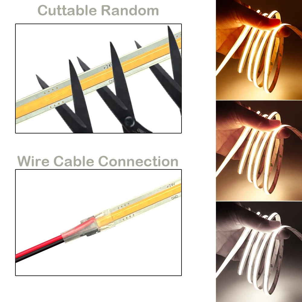 Random Cut Linear FOB COB LED Strip 528Leds/m Warm Nature White Flexible LED Tape Light Ribbon 8mm PCB For Room Decor DC12/24V