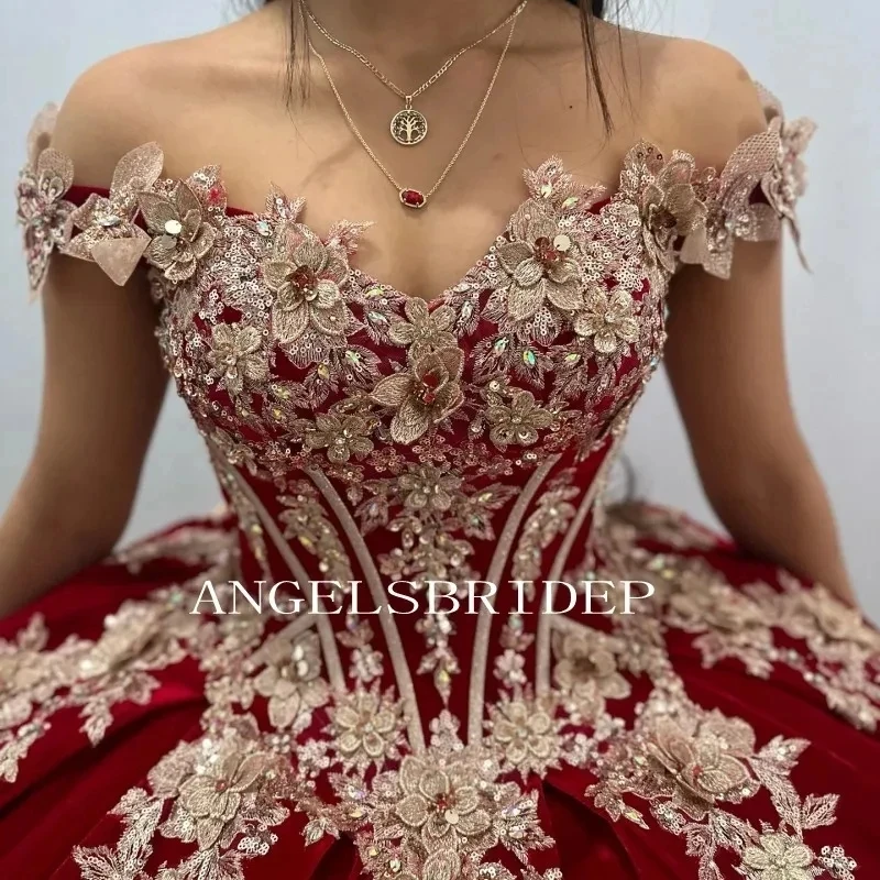 Angelsbridep Burgundy Satin Quinceanera Dresses Gold Flower Butterfly Appliques Princess Brithday Party Gown Vestidos de 15 años