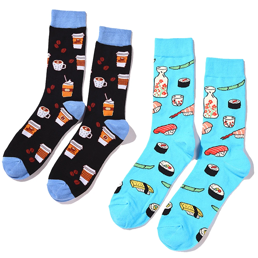 2 Paar Sushi-Essen, bedruckt, für Herren und Damen, mittlere Socken, Crew-Socken, lustige japanische Küche, bequeme, atmungsaktive Essstrümpfe