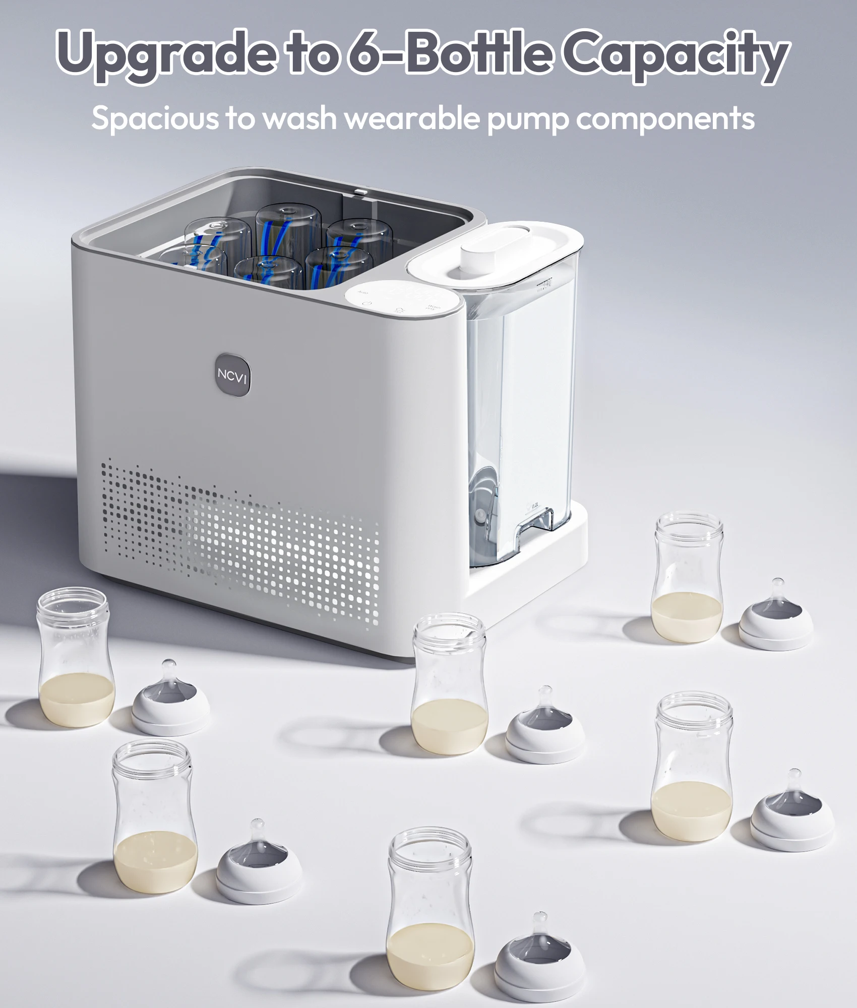 NCVI All-In-One Baby Bottle Washer Sterilizer Dryer Holds 6 Bottles Hospital-Grade Steam Sanitization 39 Jets 7 Modes 72H Storage for Bottles Nipples Pacifiers Pump Parts