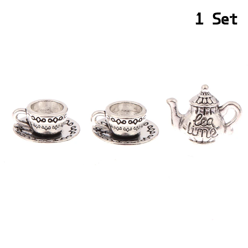 1Set 1:12 Dollhouse Miniature Teapot Cup Saucer Metal Tea Set Dining Table Model Decor Toy Doll House Accessories