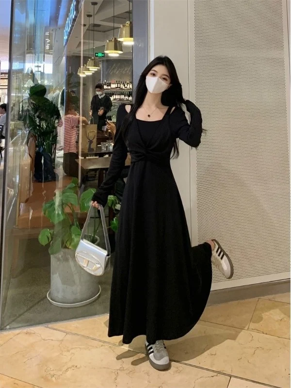 

plus Size Women's Long Sleeve Wrap Dress Slimming High Waist Design Korean Style Commute A-Line Skirt Black Dress