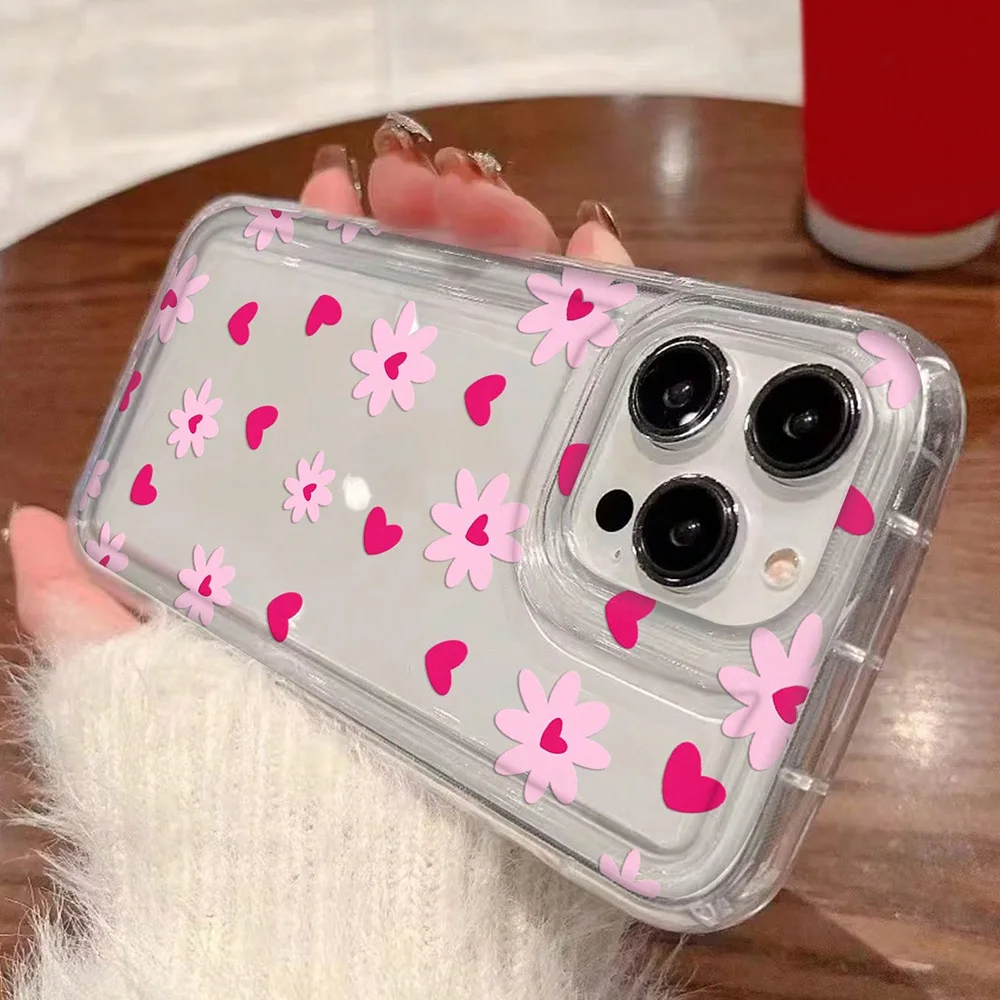Pink Flowers Heart Print Clear Phone Case For iPhone 17 Cases iPhone 16 15 14 13 12 11 Pro Max 16E XS X XR 7 8 Plus 17 Air Cover