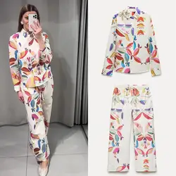 TRAF Women's Suit Printed Lapel Long Sleeve Single Breasted Casual Shirt High Waist Pocket Zipper Wide Leg Pants 2 Piece Suit