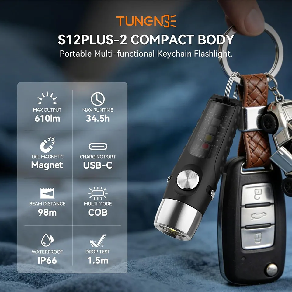 TUNENGE S12plus-2 EDC Keychain Flashlight Rechargeable, 610LM Mini Porable Brightness Flashlight 6 Modes for Emergency, Camping