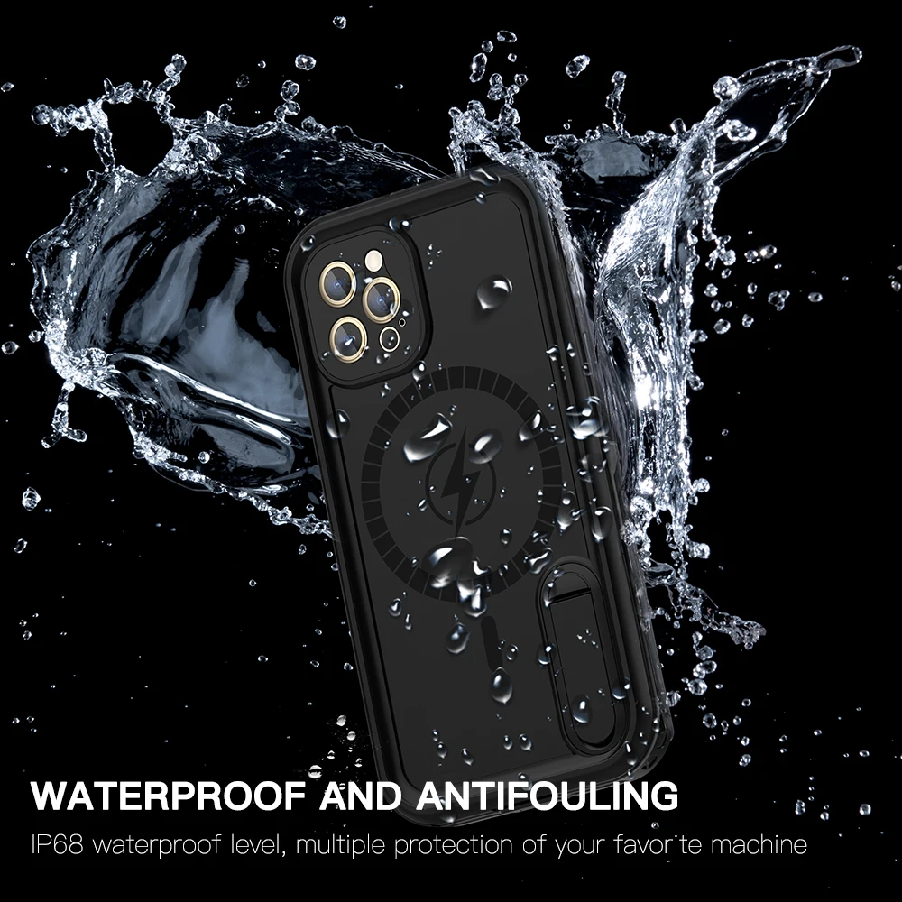 Wireless Charging IP68 Waterproof Case for iPhone 12 Pro Max 12 Mini Luxury Dustproof 360 Sealed Diving Case with Stand Holder