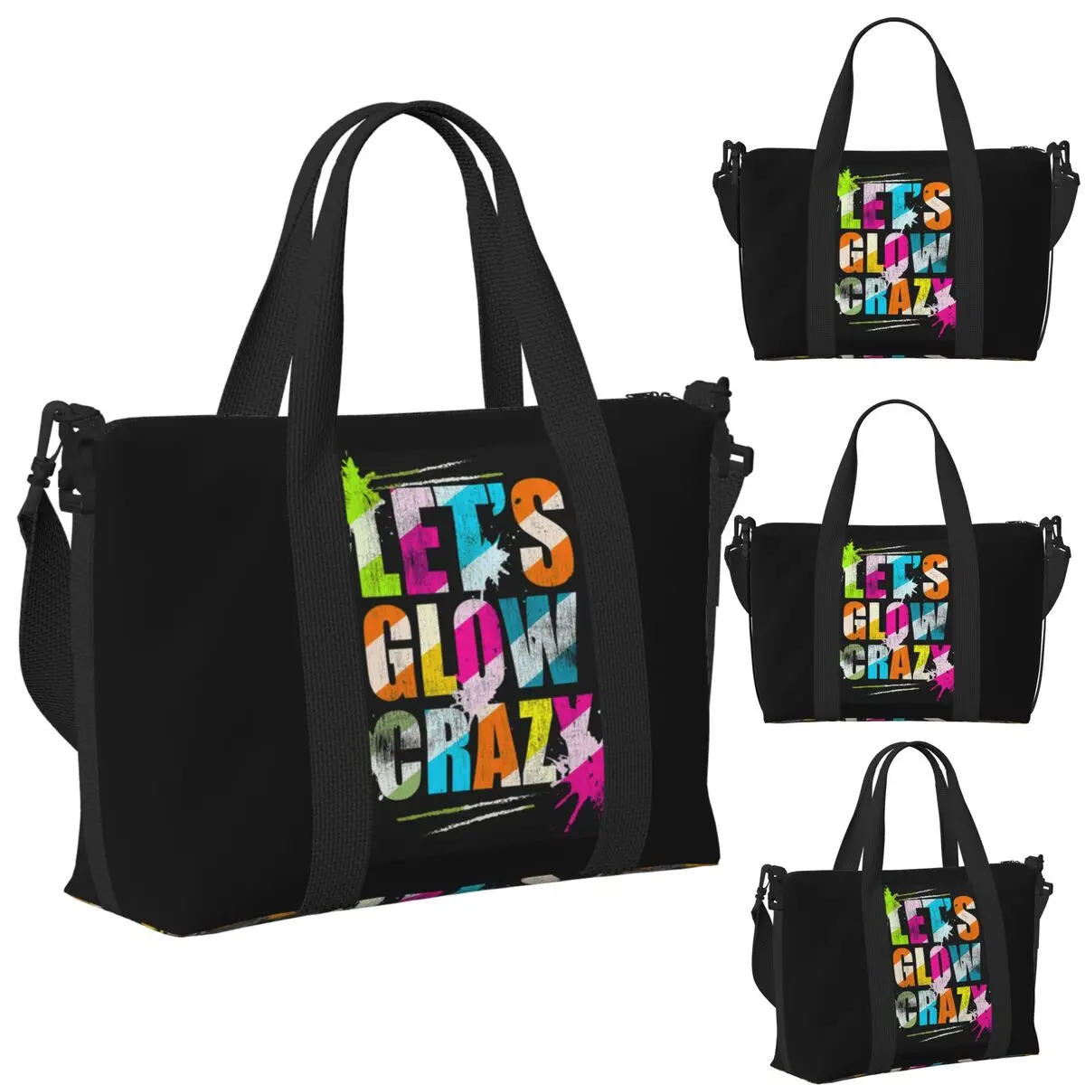 Let's Glow Crazy Neon Party Light Rave Beach Travel Bag Large Capacity Tote Bags for Gym Yoga Women Shopping Duffle Shoulder Bag
