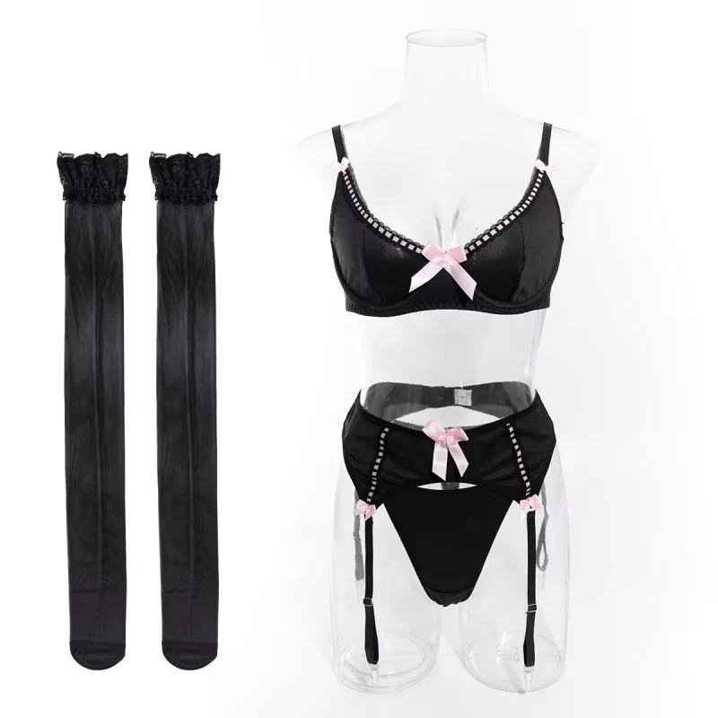 Bikini sexy lingerie thin bra thong four-piece set with stockings