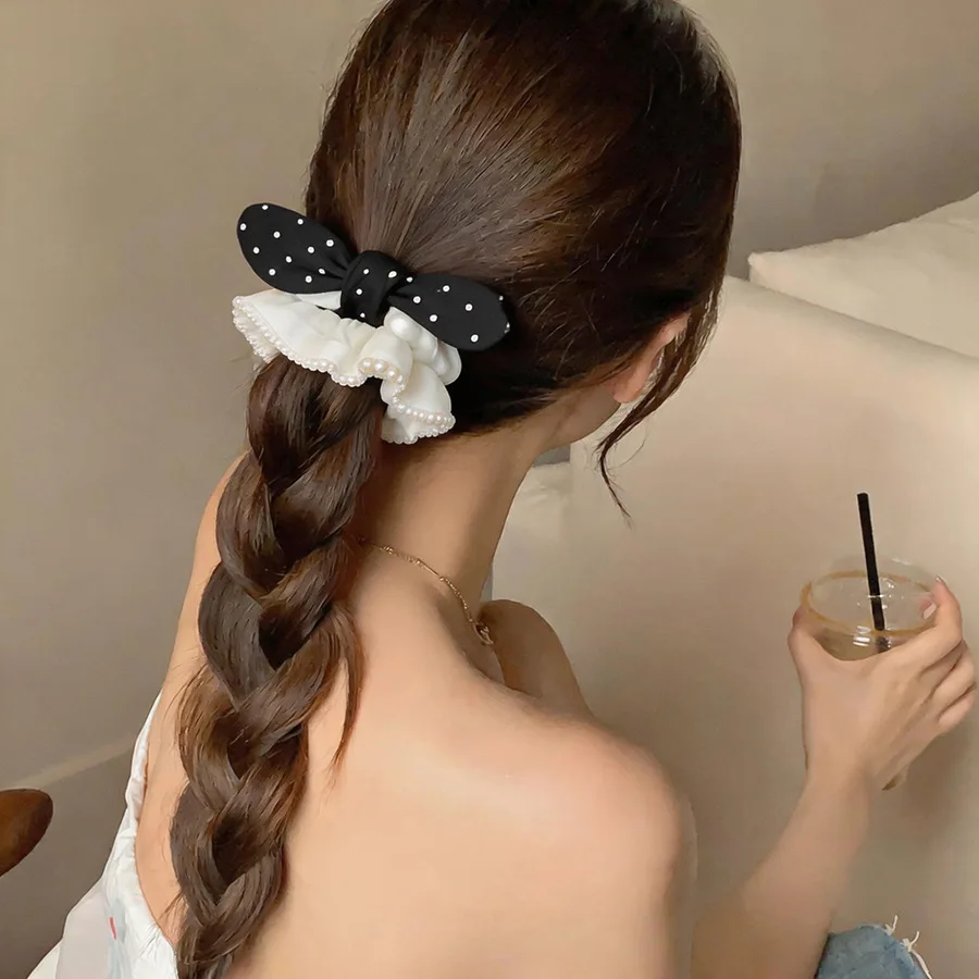 Black White Satin Polka Dot Hair Ties Imitation Pearl Lace Ruffle Bow Scrunchies for Women French Sweet Hair Accessory Daily M view 2