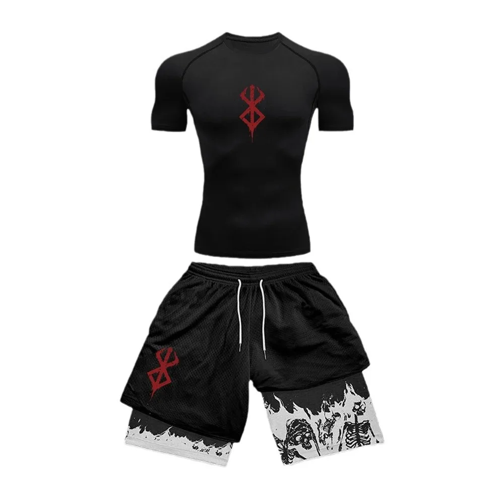 2Pcs/set Berserk Anime Sports Suit Guts Patterns Breathable Quick Drying Fitness Suit Running Training Fitness Shorts