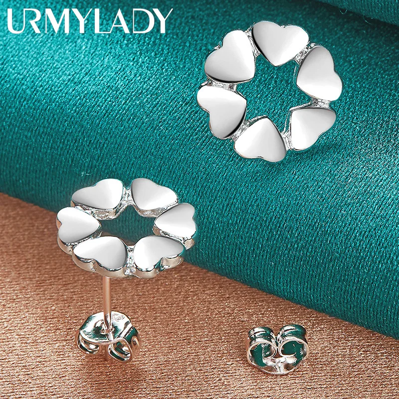 

URMYLADY 925 Sterling Silver Heart Flower Stud Earrings For Women Fashion Wedding Engagement Party Jewelry