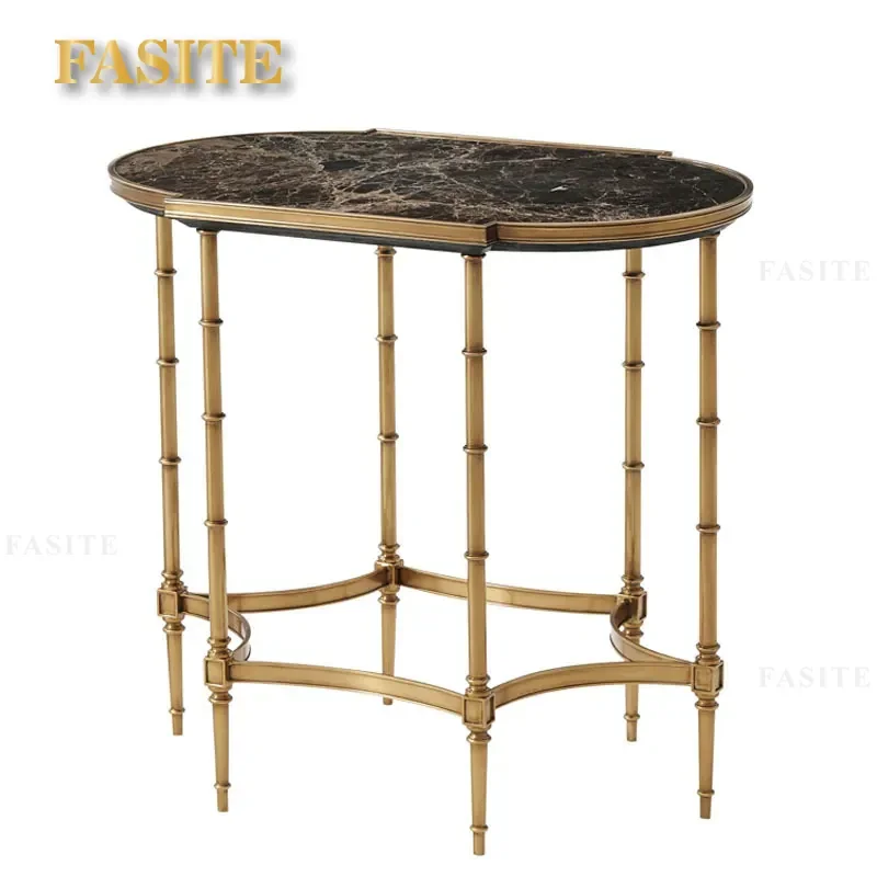 For British Neoclassical Special Shaped Marble Small Coffee Table Copper Edge Light Luxury Model Room Corner