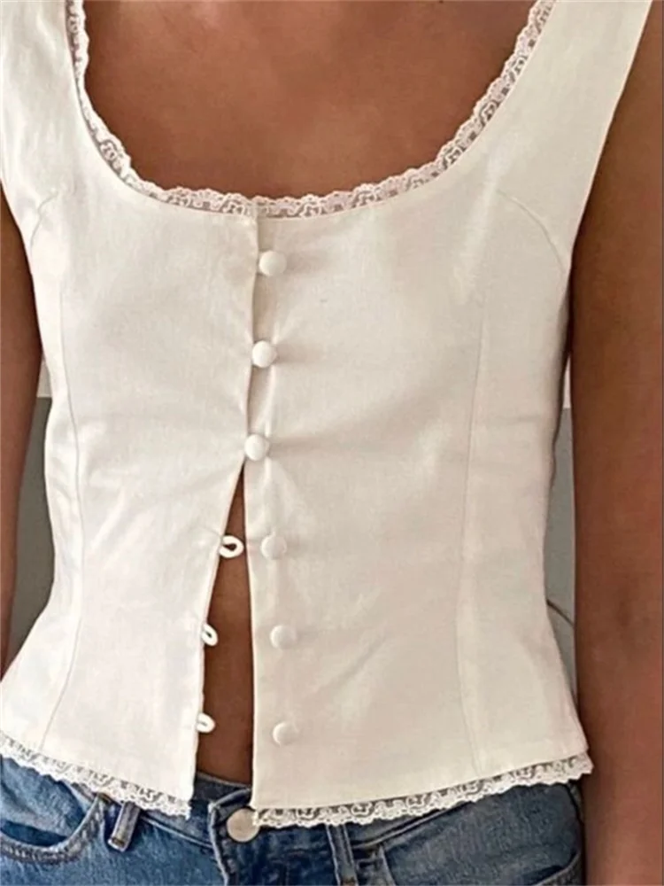 CHRONSTYLE Off Shoulder Low Cut O-neck Tank Tops Elegant Women Buttons Up Lace Patchwork White Solid Sleeveless Vest Streetwear