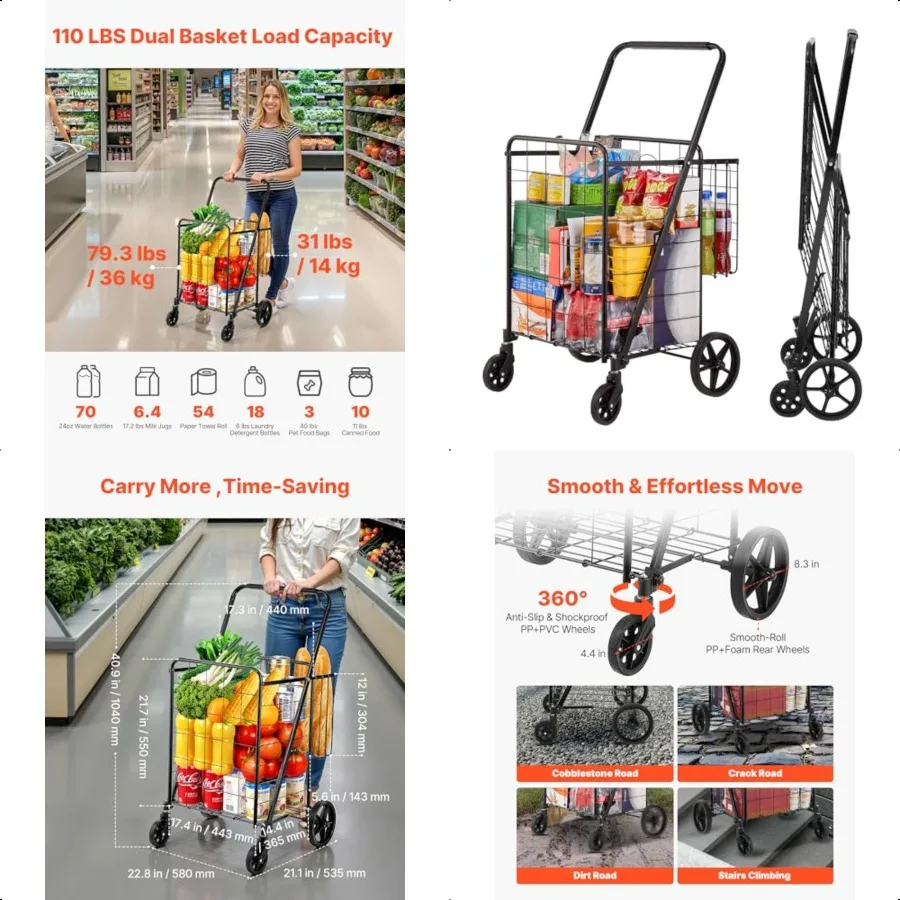 Carro de compras plegable Carro de utilidad de comestibles Jumbo con cestas dobles 360 ° Ruedas giratorias 110 LBS de gran capacidad resistentes para L
