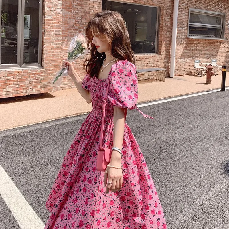 

French Style Sweet Puff Sleeve Pink Floral Dress Summer Outfit2025New Waist-Cinching Niche Design Midi Skirt