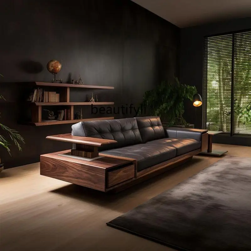 New Chinese black walnut sofa Nordic simple three or four people straight row solid wood leather sofa living room villa