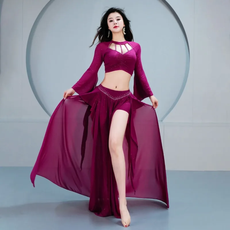 

customized belly dance costumes new set long sleeved top practice outfit lotus leaf ribbon long slit kirt with safety pants 2pcs