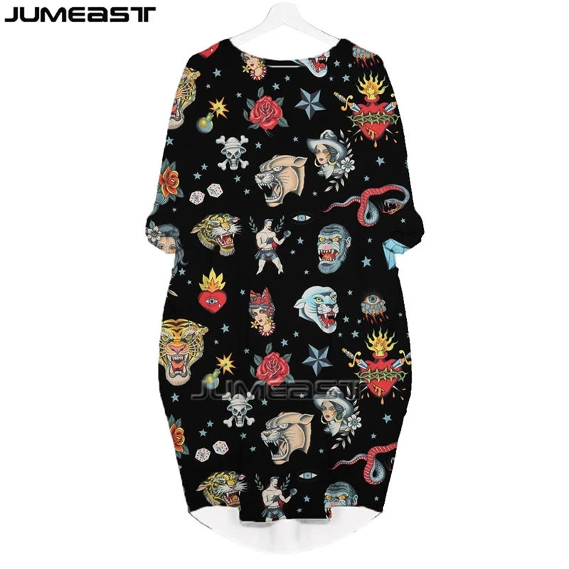 Jumeast Women's 3D Print Y2K Style Cartoon Summer Batwing Pocket Dress Hip Hop Streetwear Pullover Skirt Nightdress