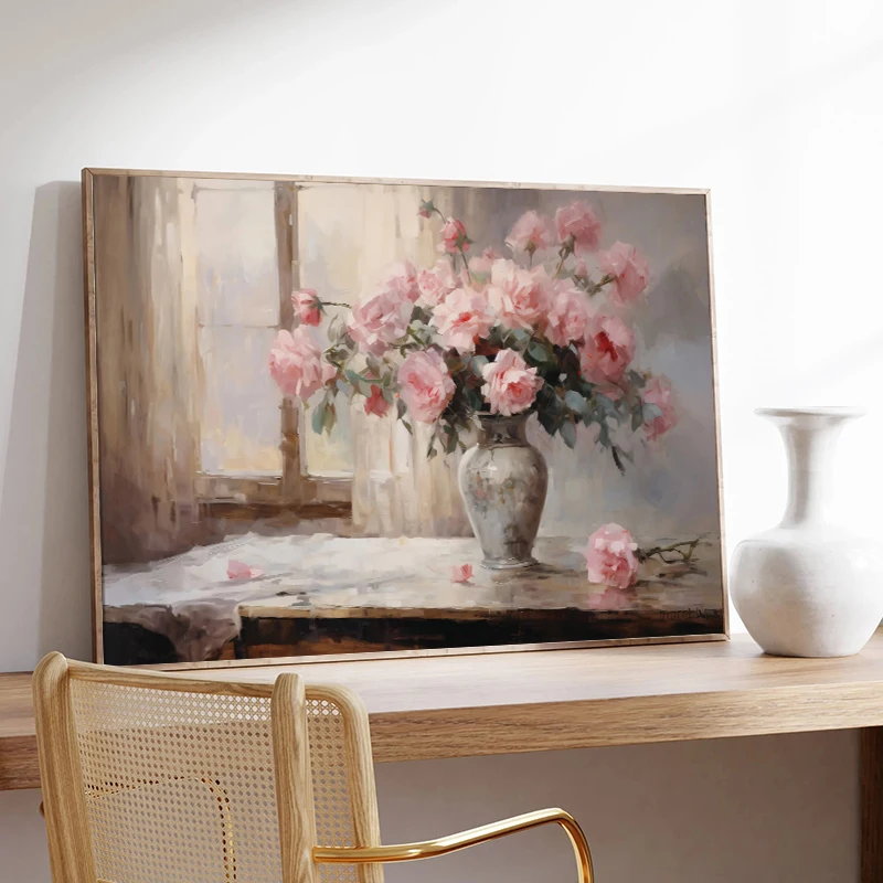 Vintage Flowers Pink Rose Vase Window By River Poster Canvas Painting And Prints Wall Art HD Pictures For Living Room Home Decor