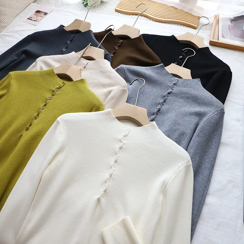 

Korean Sle Long Sve Knitted Sweater Women's f High Collar Inner Wear Base irt Design Twist Knot Autumn Winter New A...